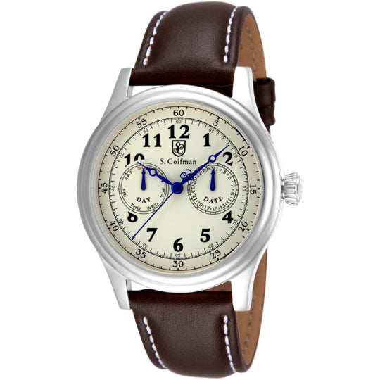 S.Coifman SC0275 Men's Heritage Chronograph White Dial Brown Leather Strap Watch 43mm