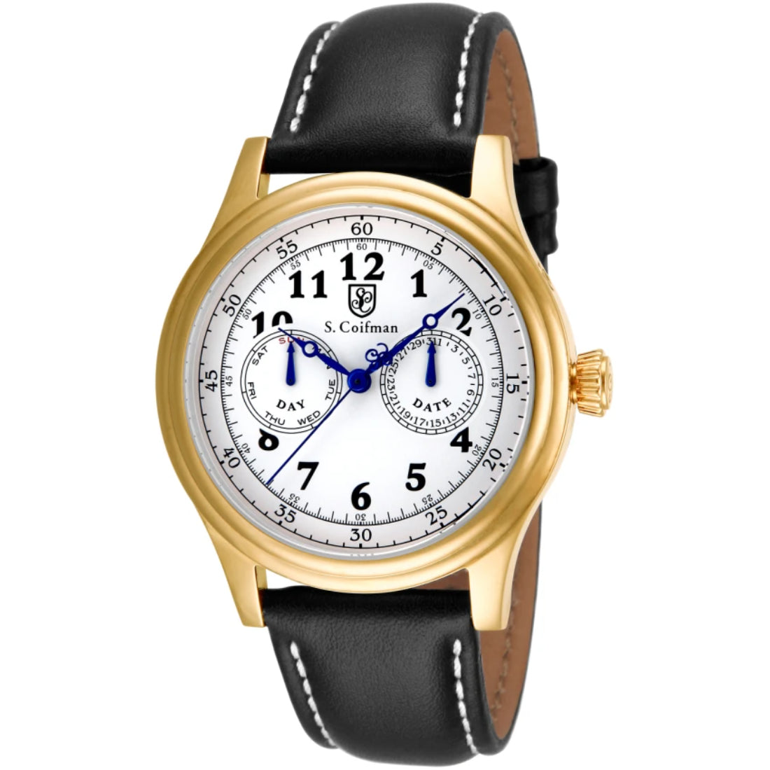 S.Coifman SC0277 Men's Heritage Chronograph White Dial Black Leather Strap Watch 43mm