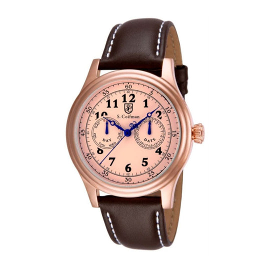 S.Coifman SC0280 Men's Heritage Chronograph Blush Dial Brown Leather Strap Watch 43mm