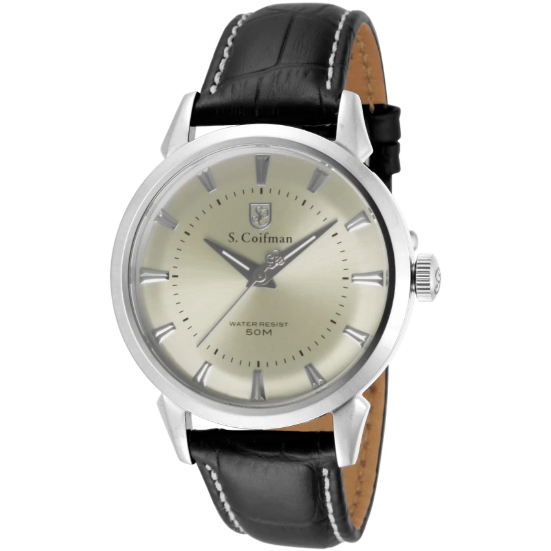 S.Coifman SC0284 Men's Heritage Quartz Champagne Dial Black Leather Strap Watch 45mm