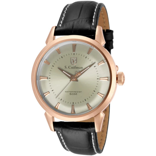 S.Coifman SC0287 Men's Heritage Quartz Champagne Dial Black Leather Strap Watch 45mm