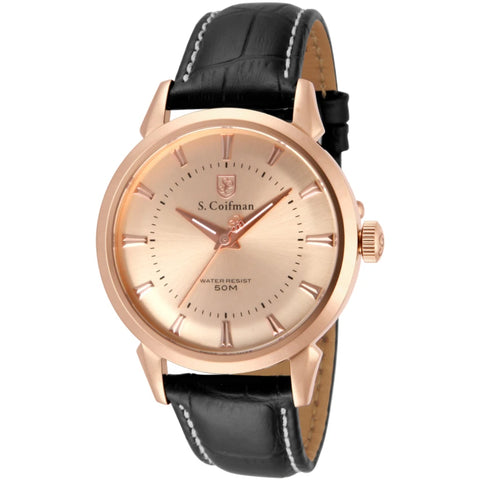 S.Coifman SC0288 Men's Heritage Quartz Blush Dial Black Leather Strap Watch 45mm