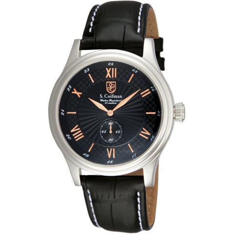 S.Coifman SC0291 Men's Heritage Quartz Black Dial Black Leather Strap Watch 43mm