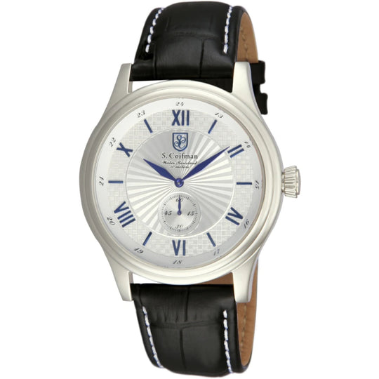 S.Coifman SC0292 Men's Heritage Quartz Silver Dial Black Leather Strap Watch 43mm