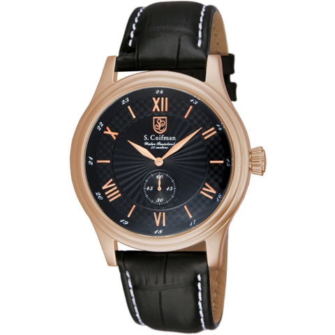 S.Coifman SC0294 Men's Heritage Quartz Black Dial Black Leather Strap Watch 43mm