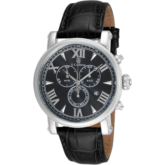 S.Coifman SC0297 Men's Heritage Chronograph Black Dial Black Leather Strap Watch 43mm