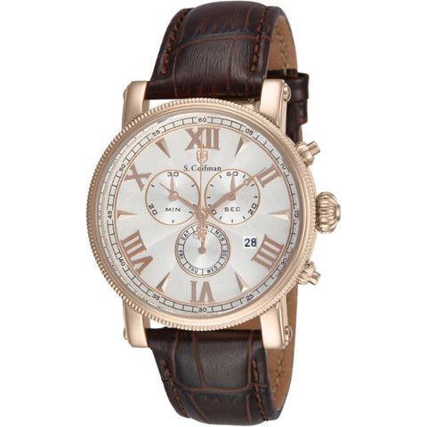 S.Coifman SC0301 Men's Heritage Chronograph White Dial Brown Leather Strap Watch 43mm