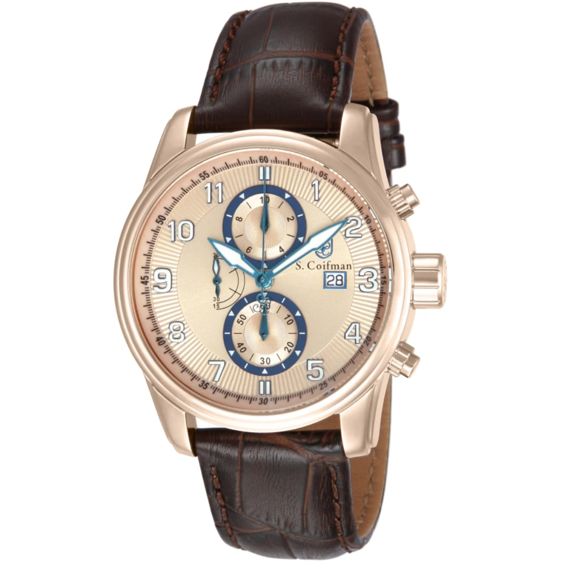 S.Coifman SC0311 Men's Heritage Chronograph Blush Dial Brown Leather Strap Watch 43mm