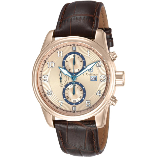 S.Coifman SC0311 Men's Heritage Chronograph Blush Dial Brown Leather Strap Watch 43mm