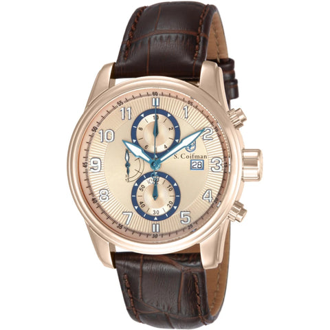 S.Coifman SC0311 Men's Heritage Chronograph Blush Dial Brown Leather Strap Watch 43mm