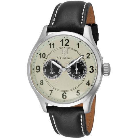 S.Coifman SC0314 Men's Heritage Chronograph Beige Dial Black Leather Strap Watch 44mm