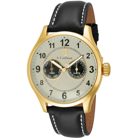 S.Coifman SC0316 Men's Heritage Chronograph White Dial Black Leather Strap Watch 44mm