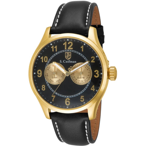 S.Coifman SC0317 Men's Heritage Chronograph Black Dial Black Leather Strap Watch 44mm