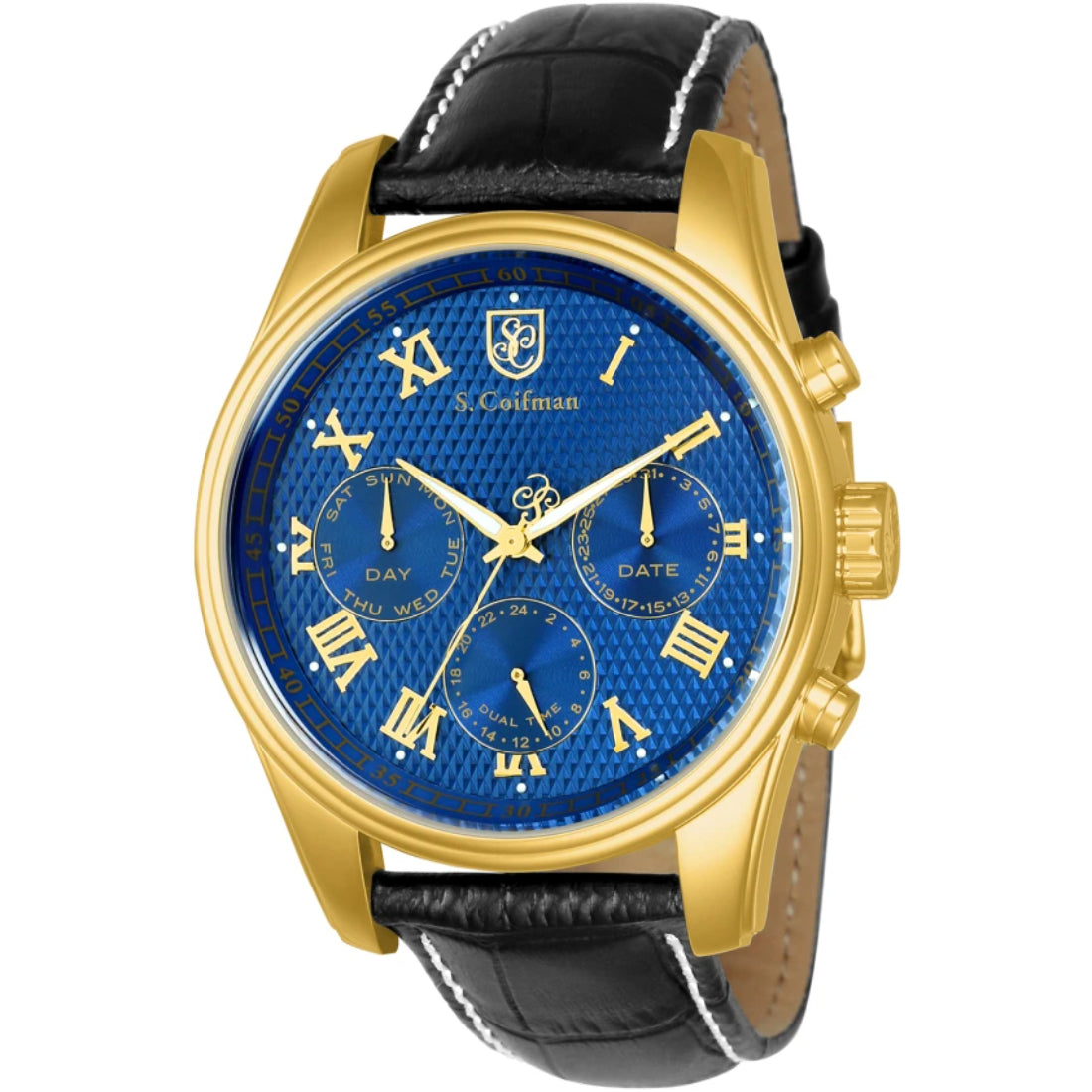 S.Coifman SC0400 Men's Heritage Chronograph Blue Dial Black Leather Strap Watch 45mm