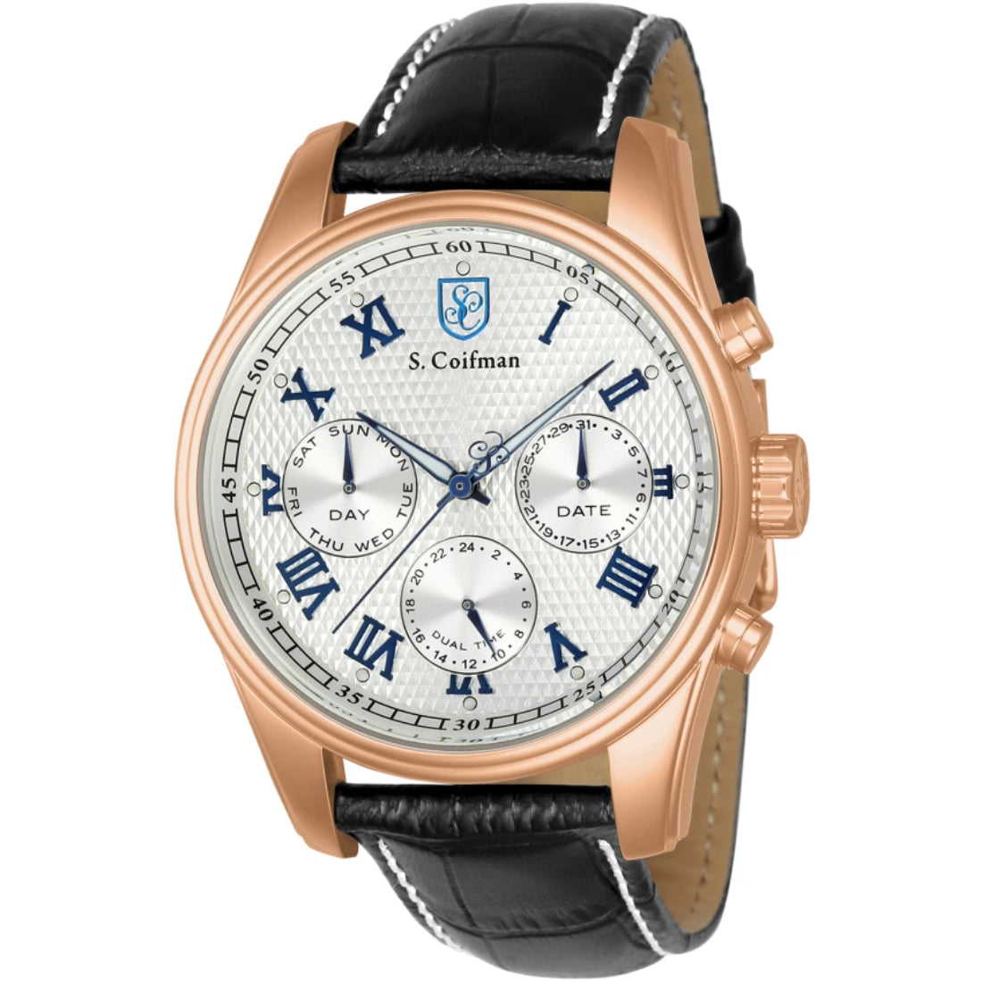 S.Coifman SC0401 Men's Heritage Chronograph Silver Dial Black Leather Strap Watch 45mm