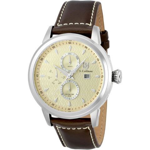 S.Coifman SC0411 Men's Heritage Chronograph Champagne Dial Black Leather Strap Watch 45mm