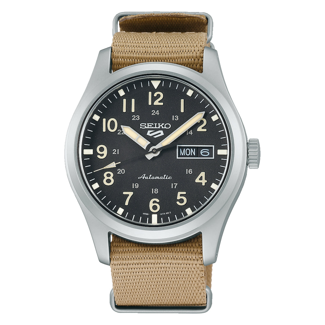 Seiko 5 Sports Field Automatic Black Dial Beige Nylon Strap SRPG35
