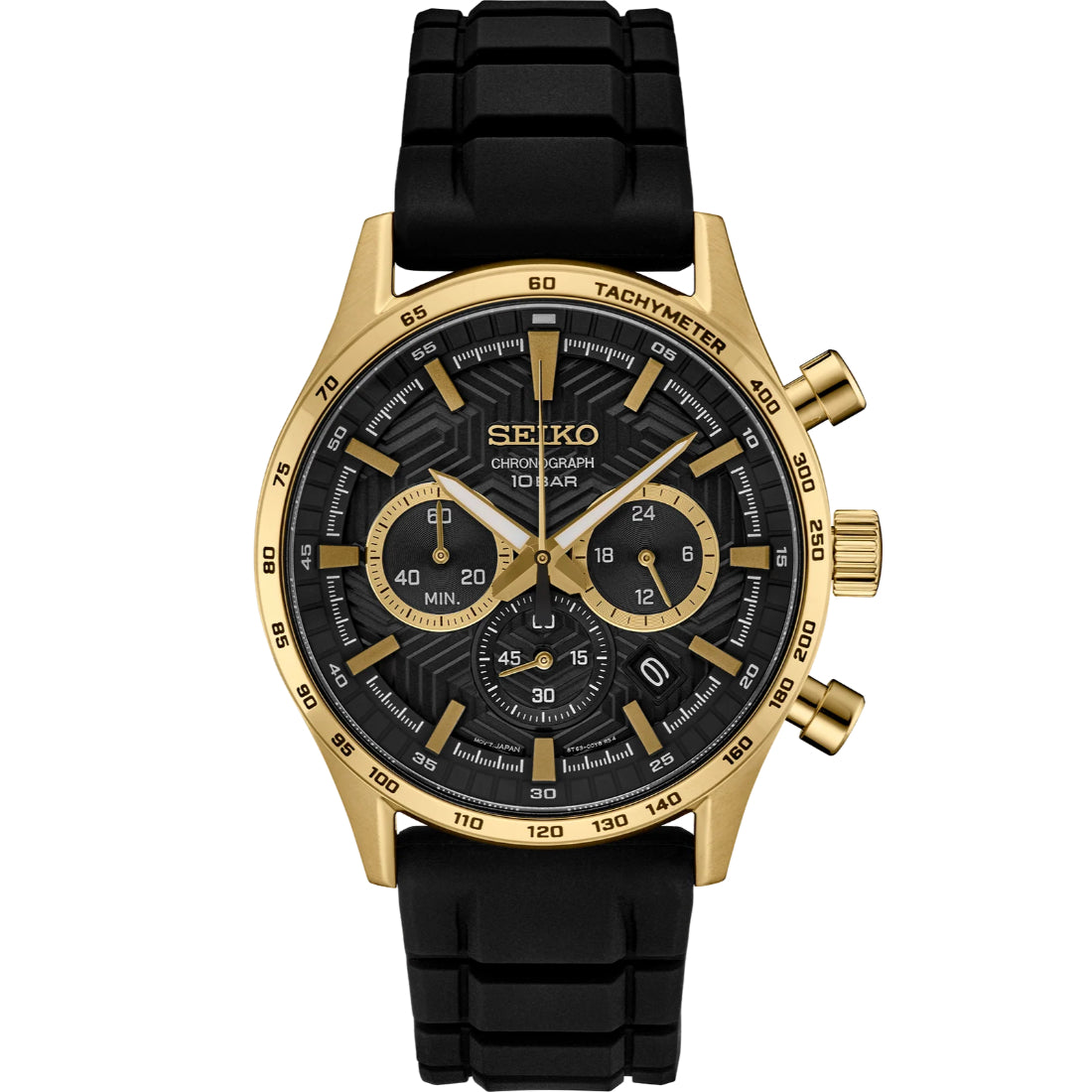 Seiko Essentials Chronograph Black Dial Gold-Tone Silicone Strap SSB446