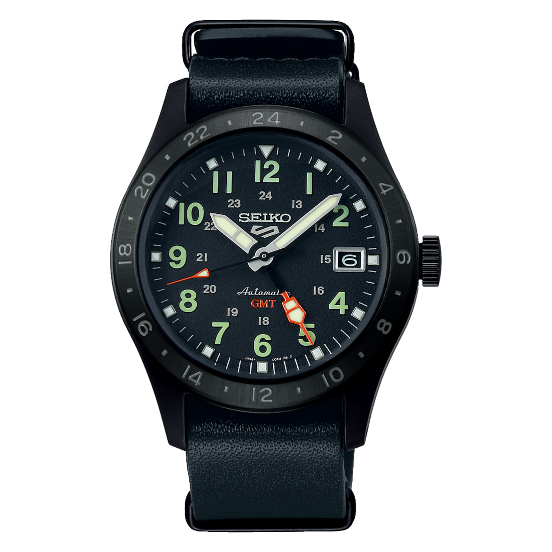 Seiko 5 Sports Field GMT Automatic Black Dial Leather Strap Watch SSK025