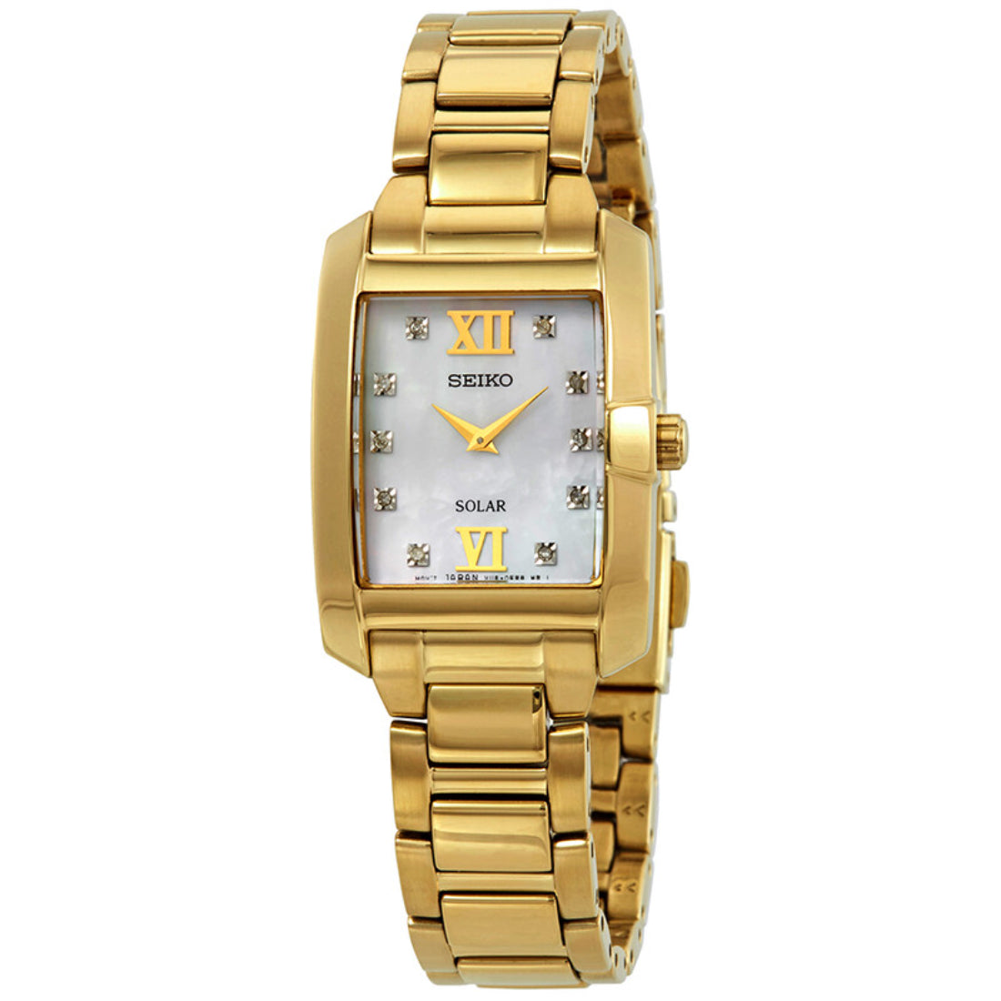 Seiko Solar Women's Mother-of-Pearl Diamond Dial Gold-Tone Watch SUP378
