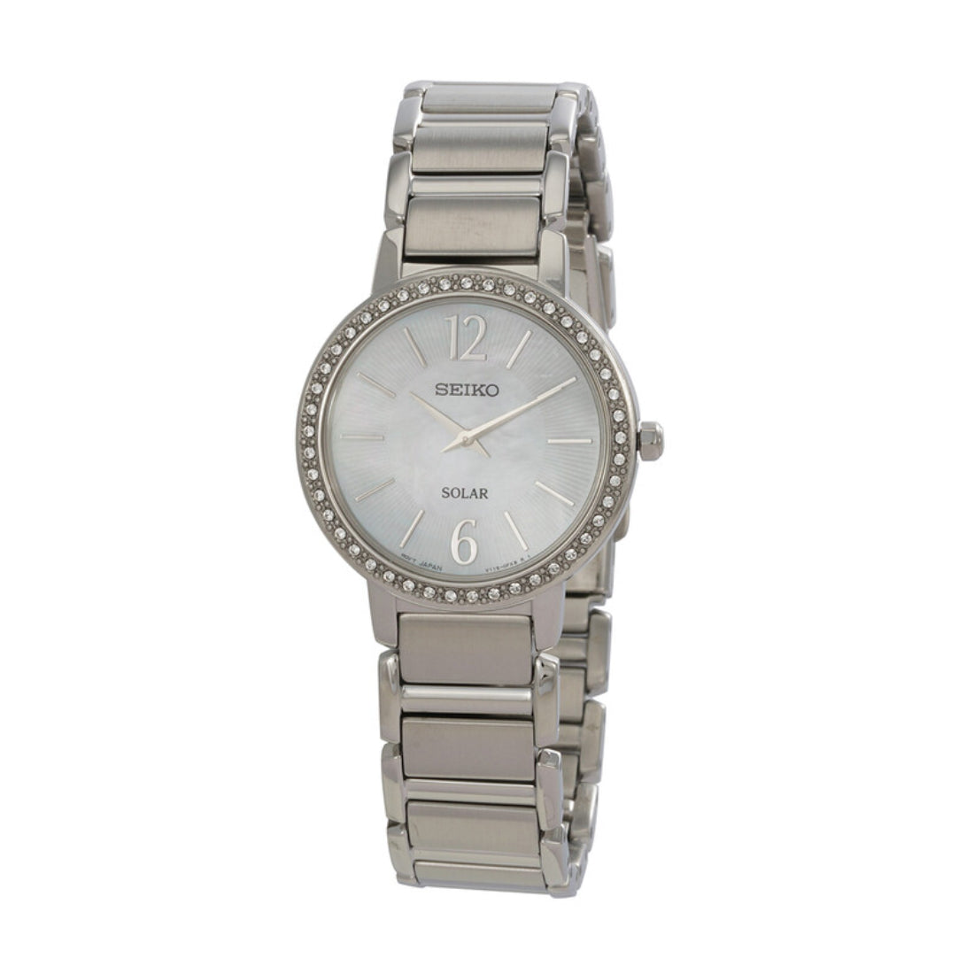 Seiko Solar Women's Mother-of-Pearl Dial Crystal Bezel Steel Watch SUP467