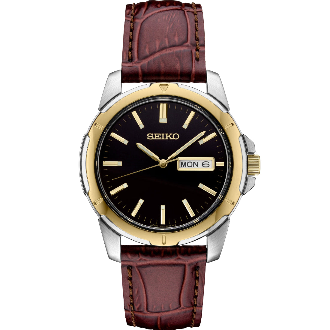 Seiko Essentials Charcoal Sunray Dial Brown Leather Day-Date Watch SUR360
