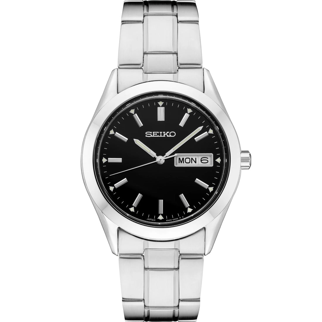 Seiko Essentials Black Sunray Dial Stainless Steel Day-Date Watch SUR361