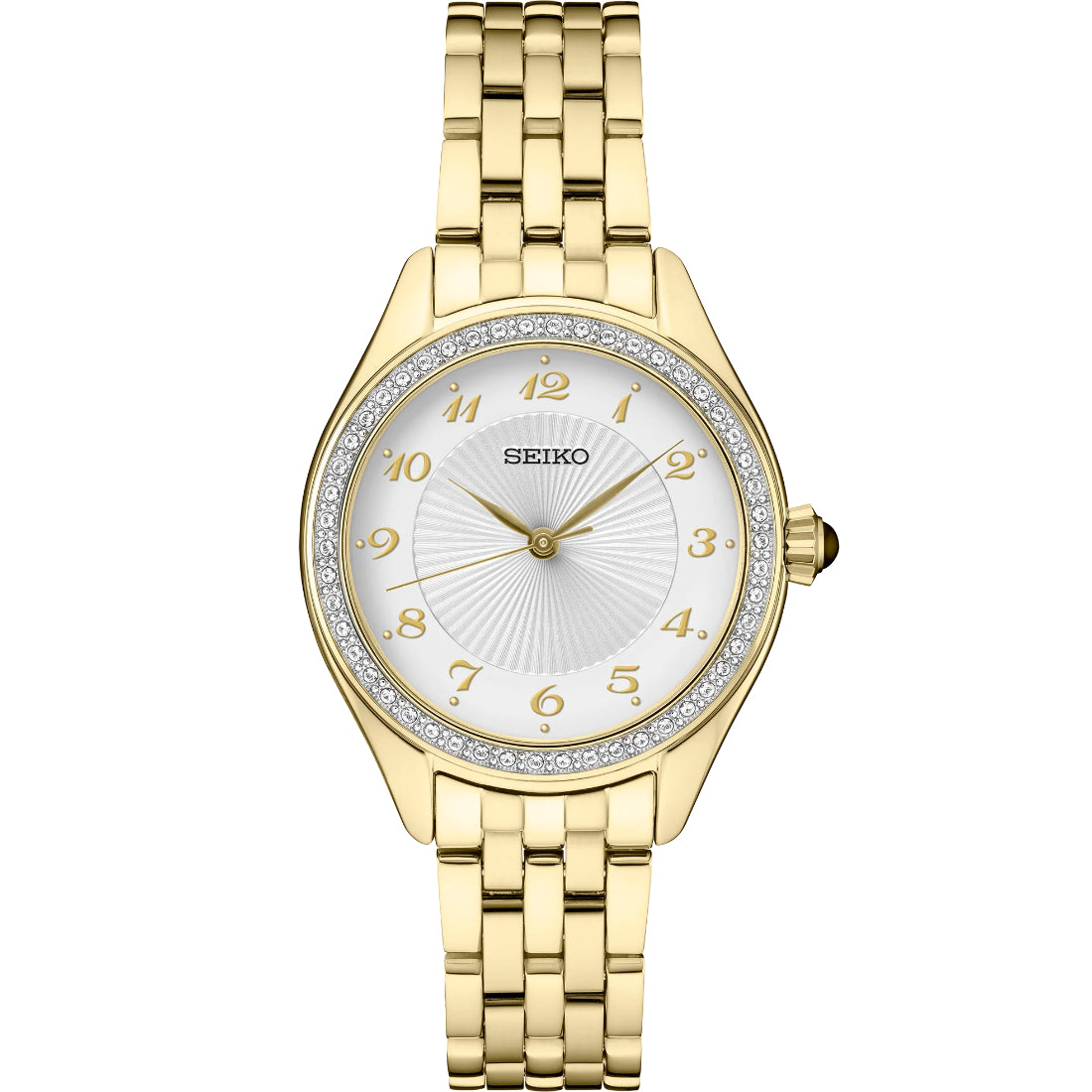 Seiko Essentials Women's White Dial Crystal Bezel Gold-Tone Watch SUR394