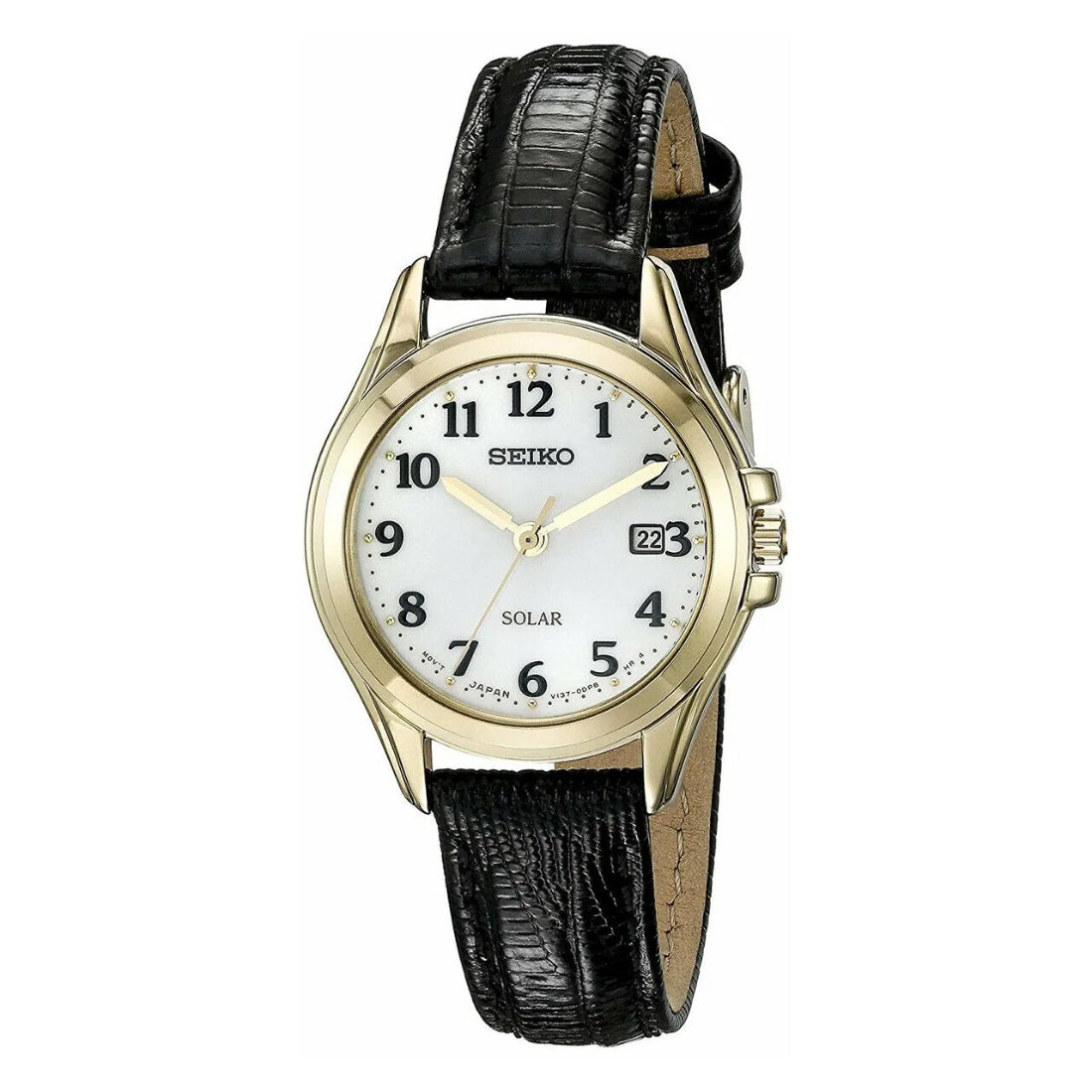 Seiko Solar Core Women's White Dial Gold-Tone Black Leather Quartz Watch SUT254