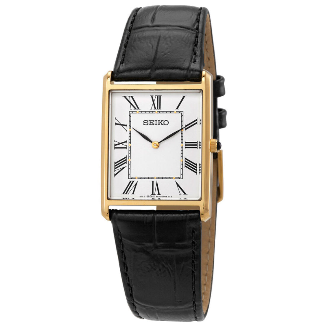 Seiko Essentials Men's White Dial Gold-Tone Black Leather Quartz Watch SWR052