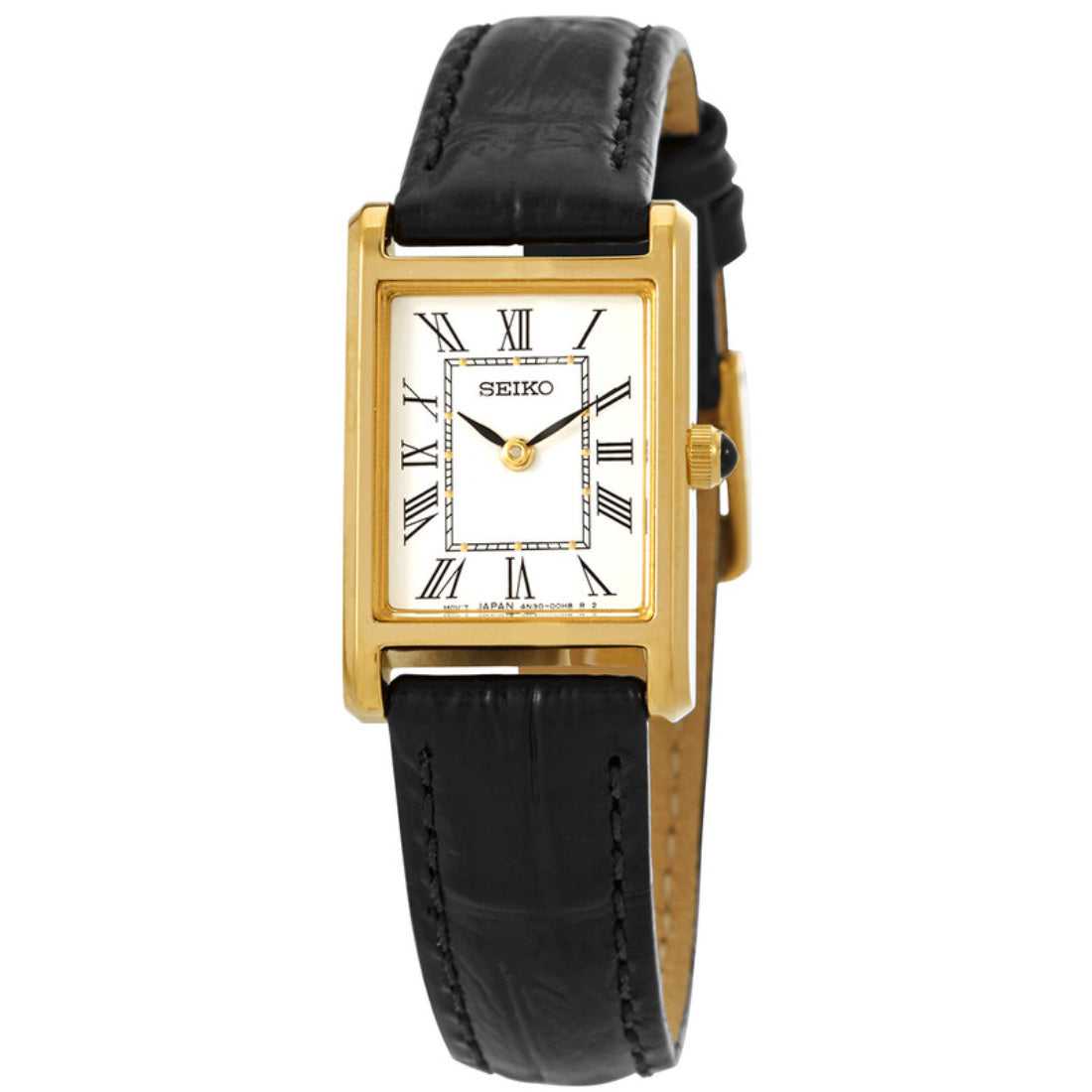 Seiko Essentials Women's White Dial Gold-Tone Black Leather Quartz Watch SWR054