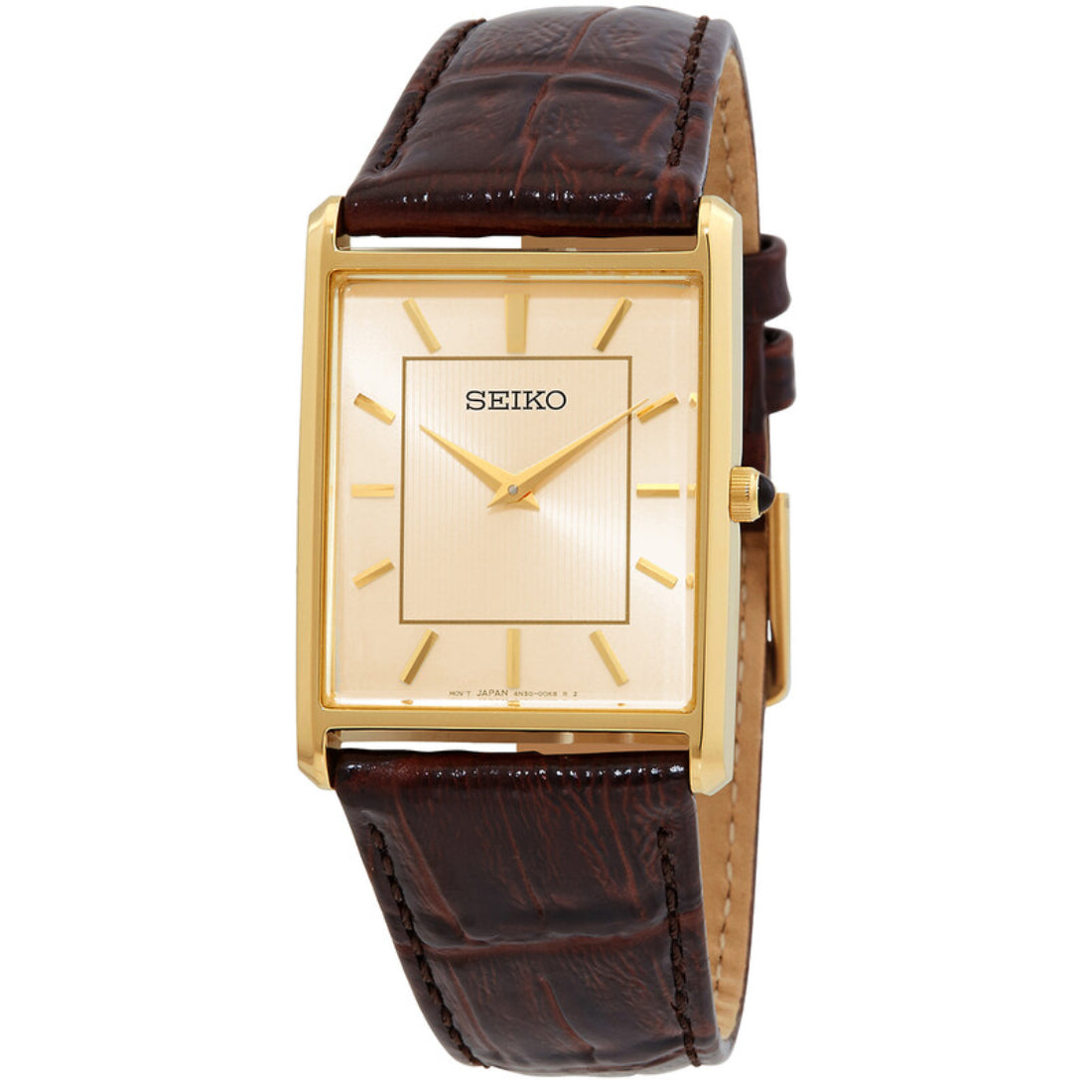 Seiko Essentials Men's Champagne Dial Gold-Tone Leather Quartz Watch SWR064