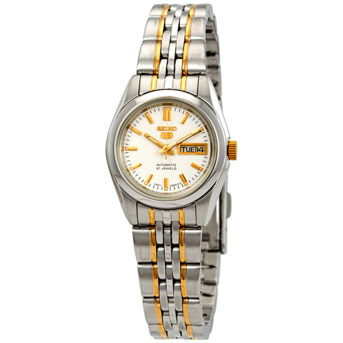 Seiko 5 Women's White Dial Two-Tone Stainless Steel Quartz Watch SYMA35
