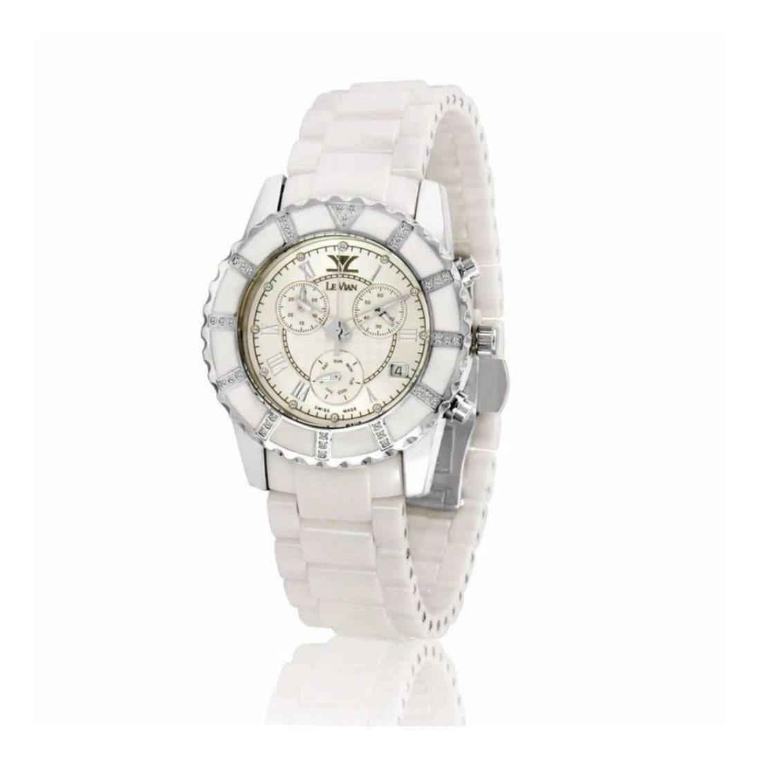 Le Vian Ceramic Women's White Dial Crystal Bezel White Ceramic Bracelet Quartz Watch ZAG258