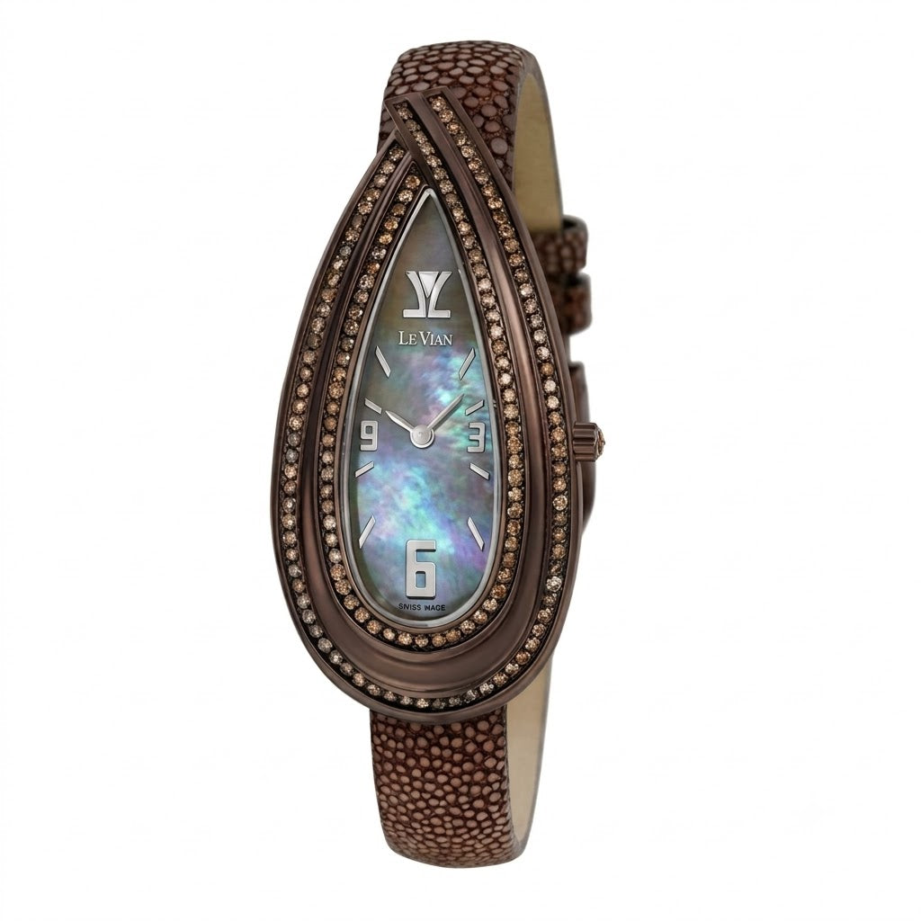 Le Vian Time Women's Brown Mother-of-Pearl Dial Crystal Bezel Brown Leather Strap Quartz Dress Watch ZAG90S