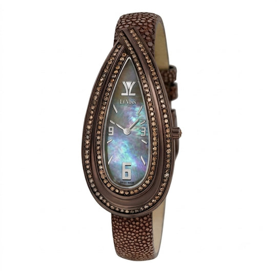 Le Vian Time Women's Brown Mother-of-Pearl Dial Crystal Bezel Brown Leather Strap Quartz Dress Watch ZAG90S