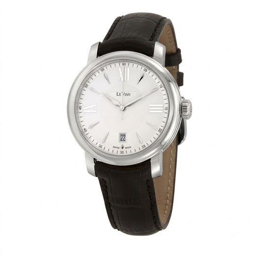 Le Vian Women's Silver Dial Black Leather Strap Stainless Steel Quartz Watch ZAG 230