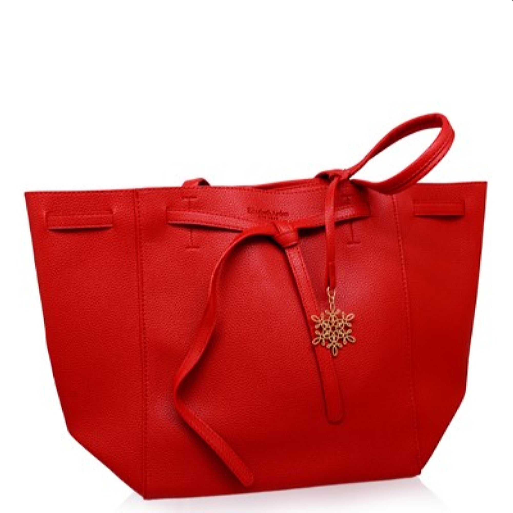 Red Tote Bag Purse W Tag And Golden Toned Ornament A01 - Bezali