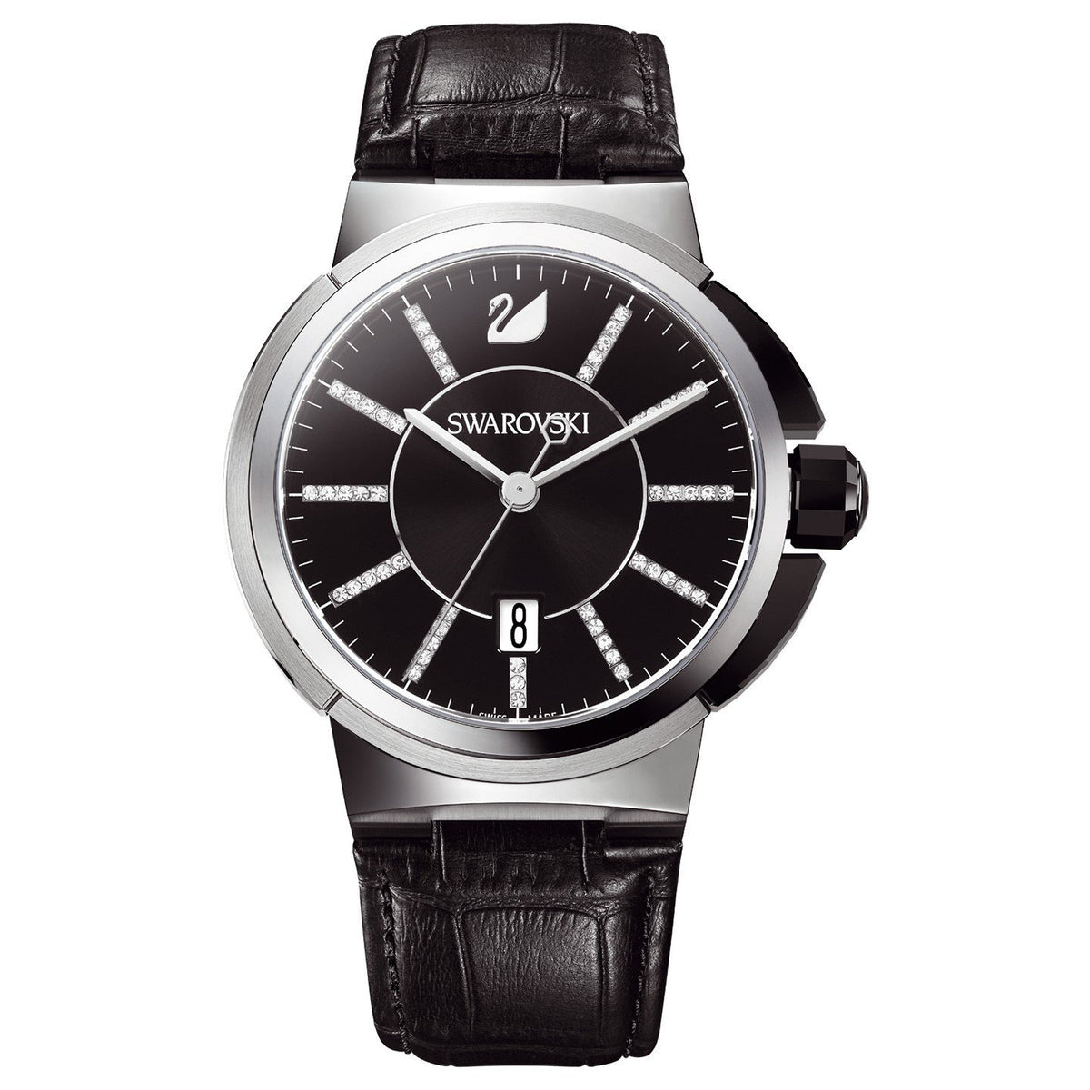 Swarovski Men&#39;s 1094350 Piazza Crystal Black Leather Watch