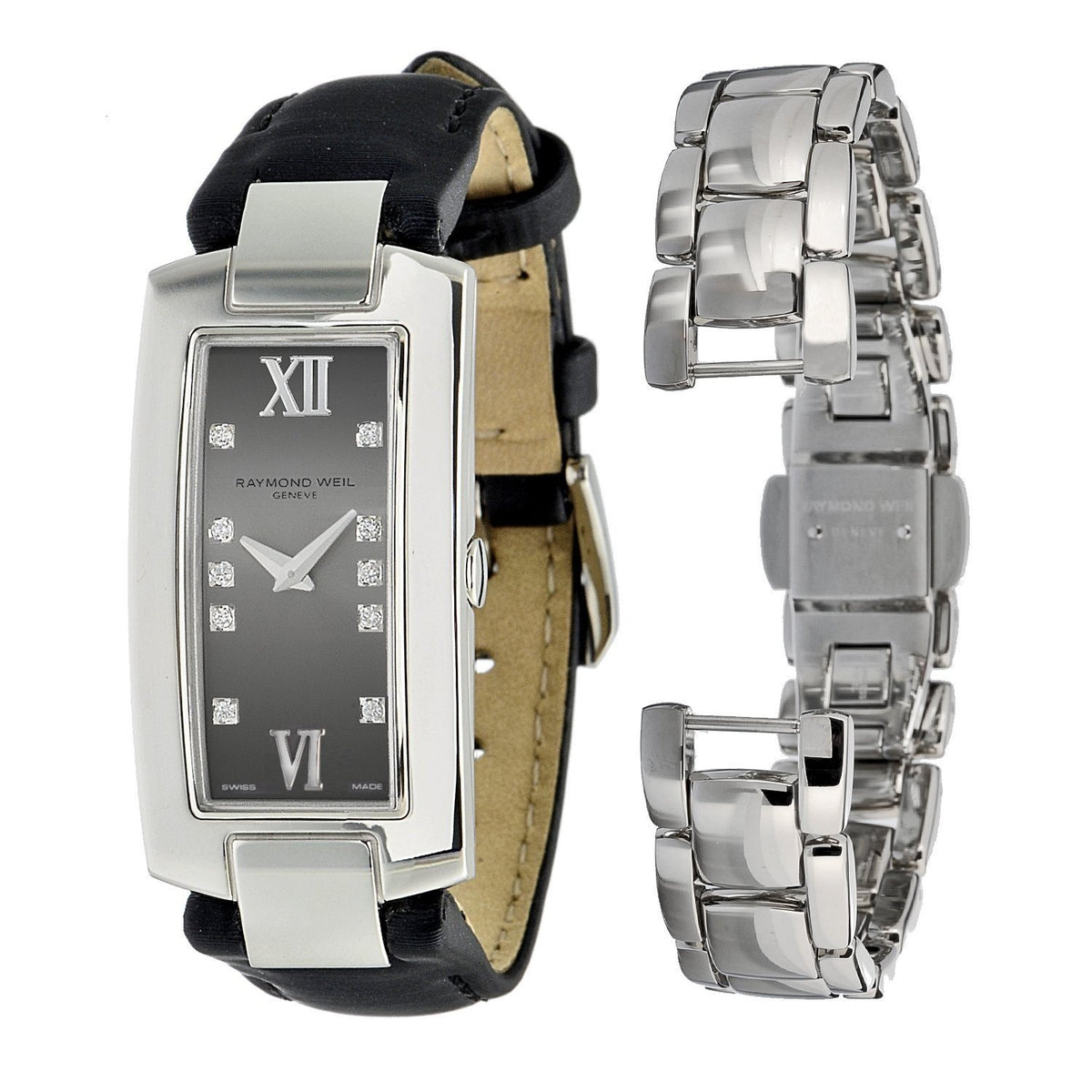 Raymond Weil Women&#39;s 1500-ST-00785 Shine Extra Strap Diamond Black Leather Watch