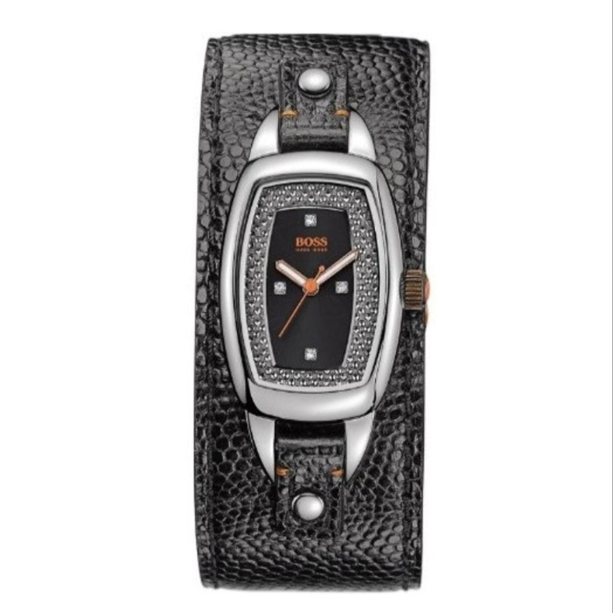 Hugo Boss Women&#39;s 1502134 Orange Crystal Black Leather Watch
