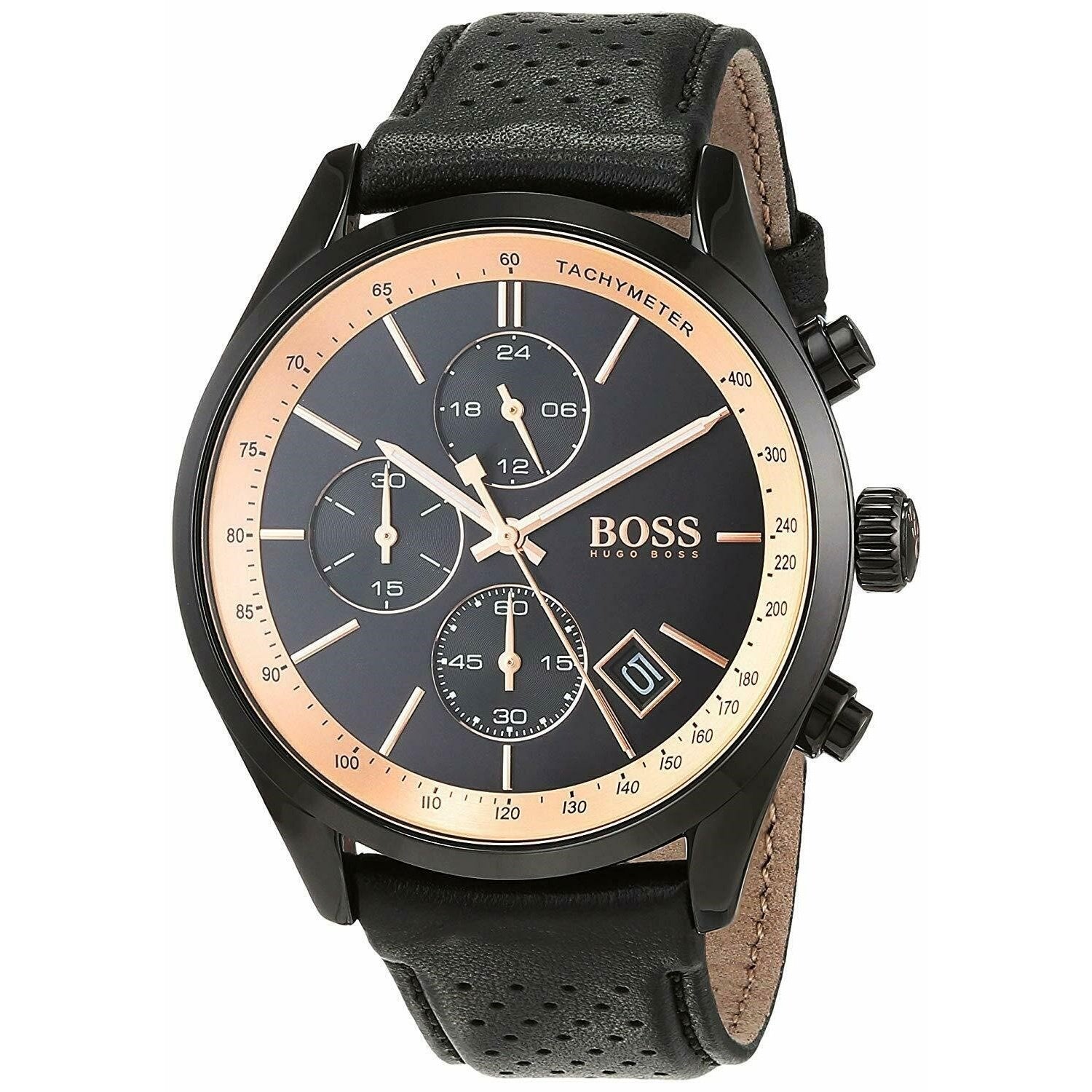 Hugo Boss Mens 1513550 Grand Prix Chronograph Black Leather Watch