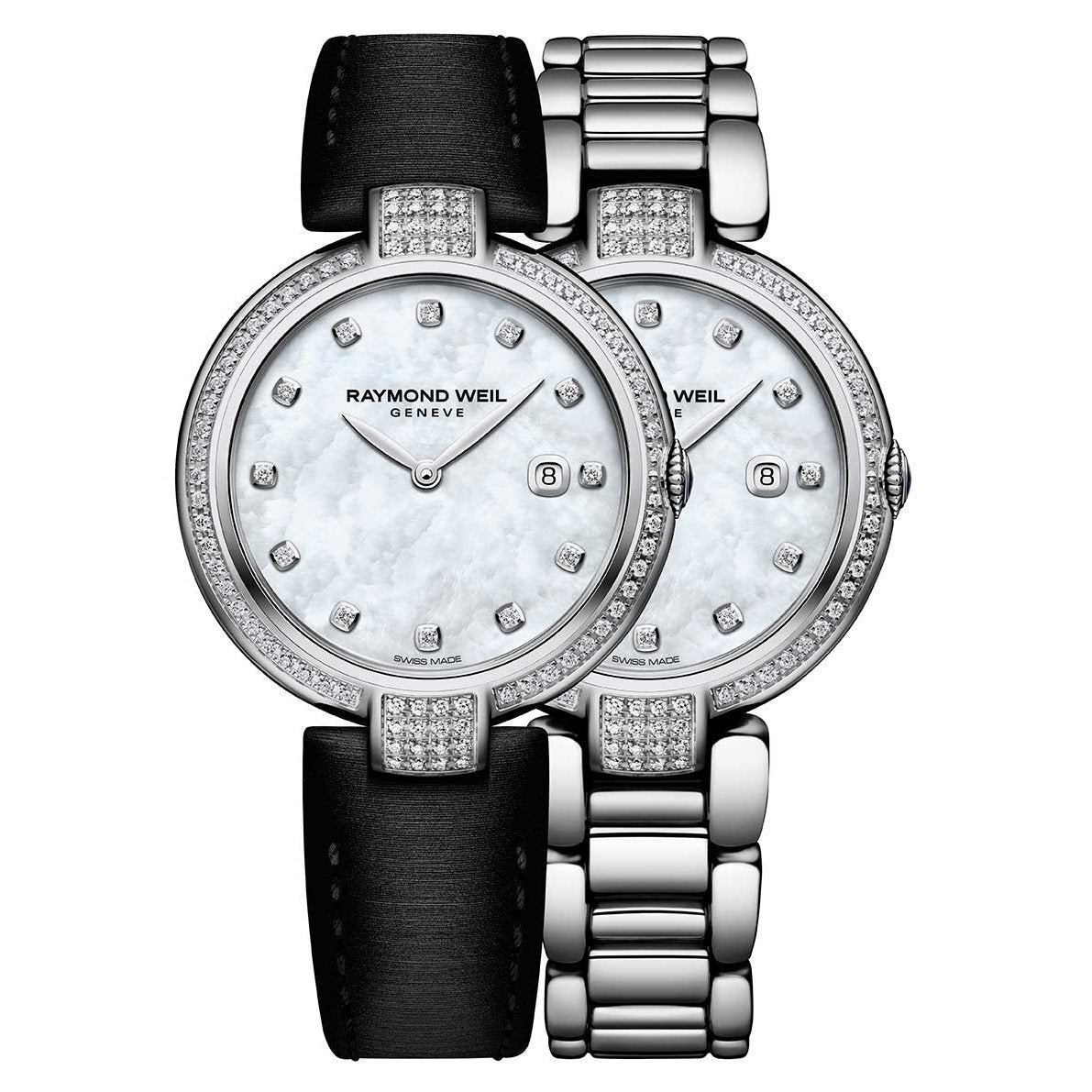 Raymond Weil Women&#39;s 1600-SCS-97081 Shine Diamond Interchangeable Black Leather Strap Stainless Steel Watch