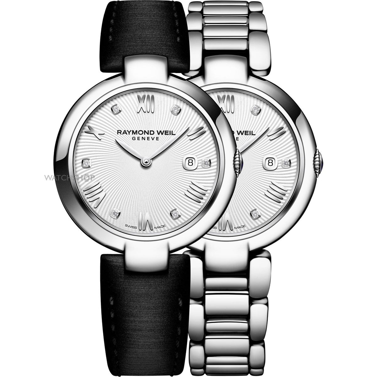 Raymond Weil Women&#39;s 1600-ST-00618 Shine Diamond Interchangeable Black Satin Strap Stainless Steel Watch