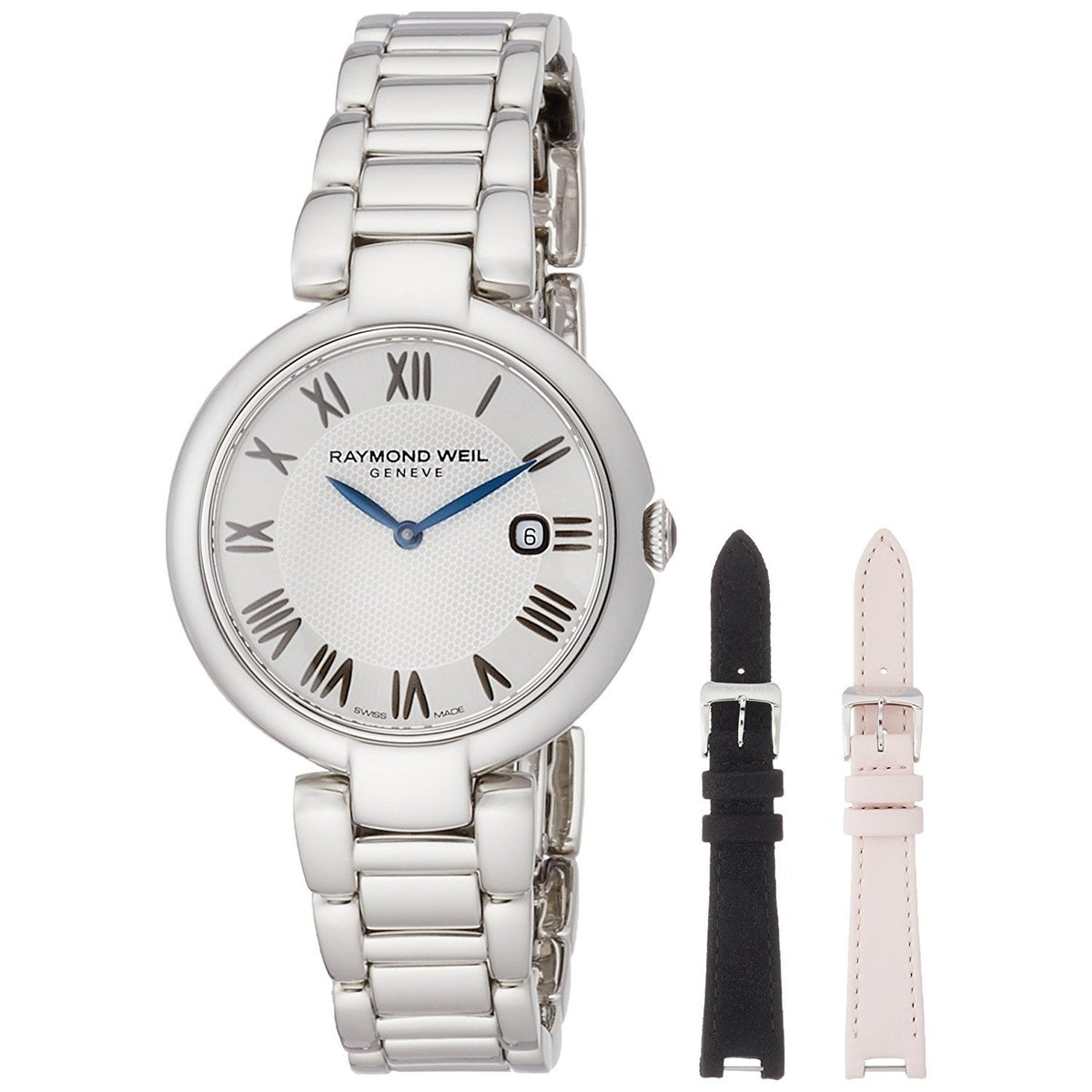 Raymond Weil Women&#39;s 1600-ST-RE659 Shine Extra Black and Pink Leather Strap Stainless Steel Watch