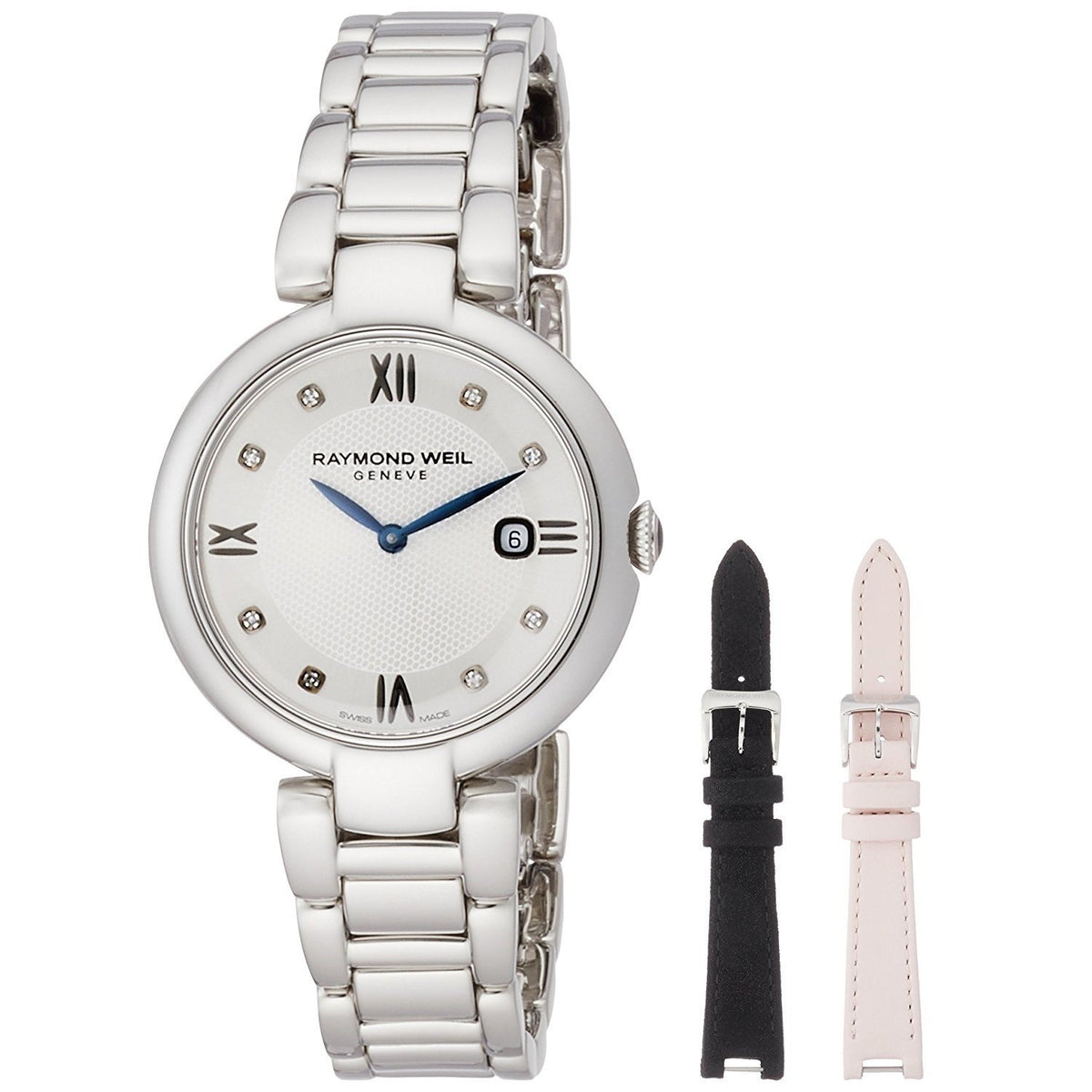 Raymond Weil Women&#39;s 1600-ST-RE695 Shine Extra Black and Pink Leather Strap Diamond Stainless Steel Watch