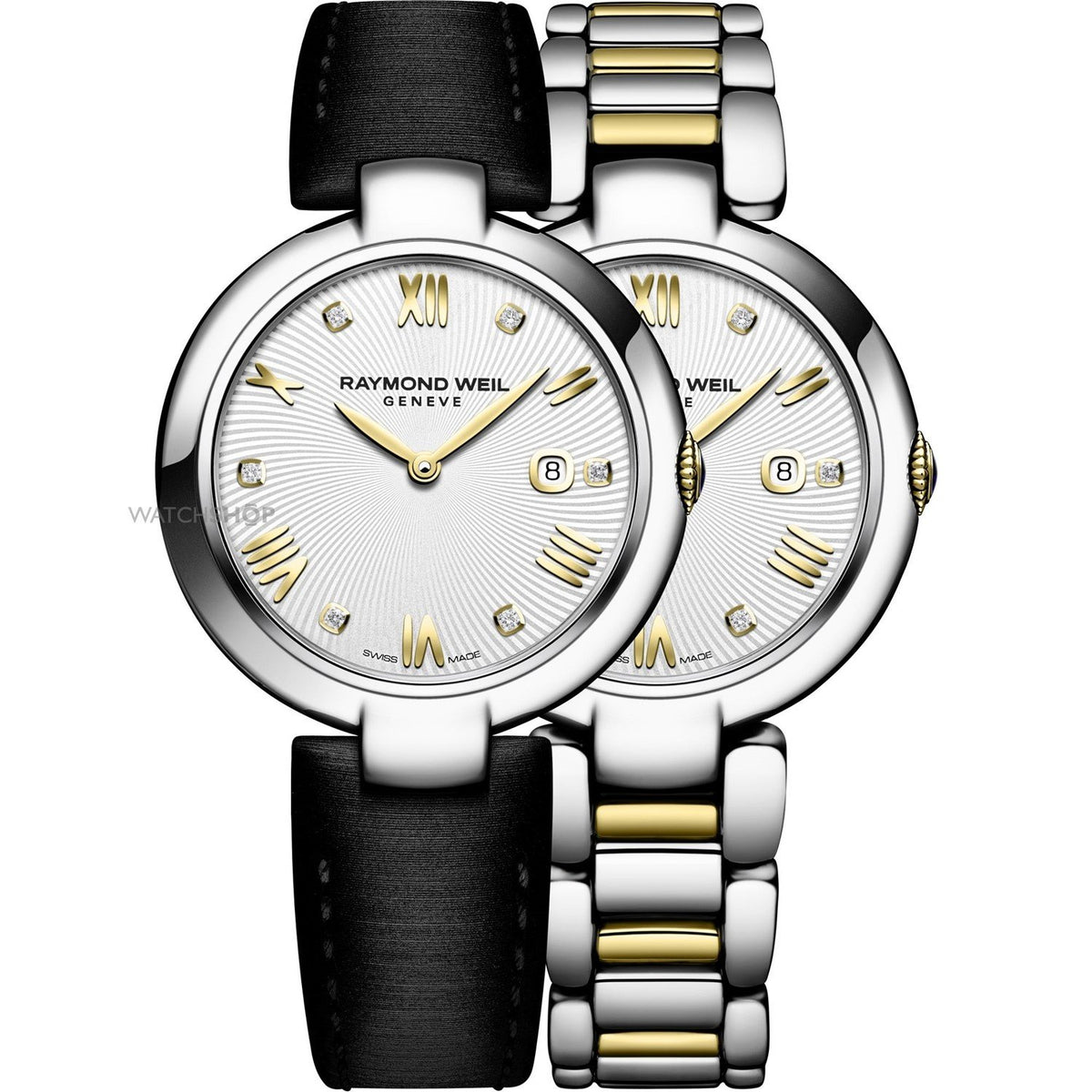Raymond Weil Women&#39;s 1600-STP-00618 Shine Diamond Interchangeable Black Satin Strap Two-Tone Stainless Steel Watch