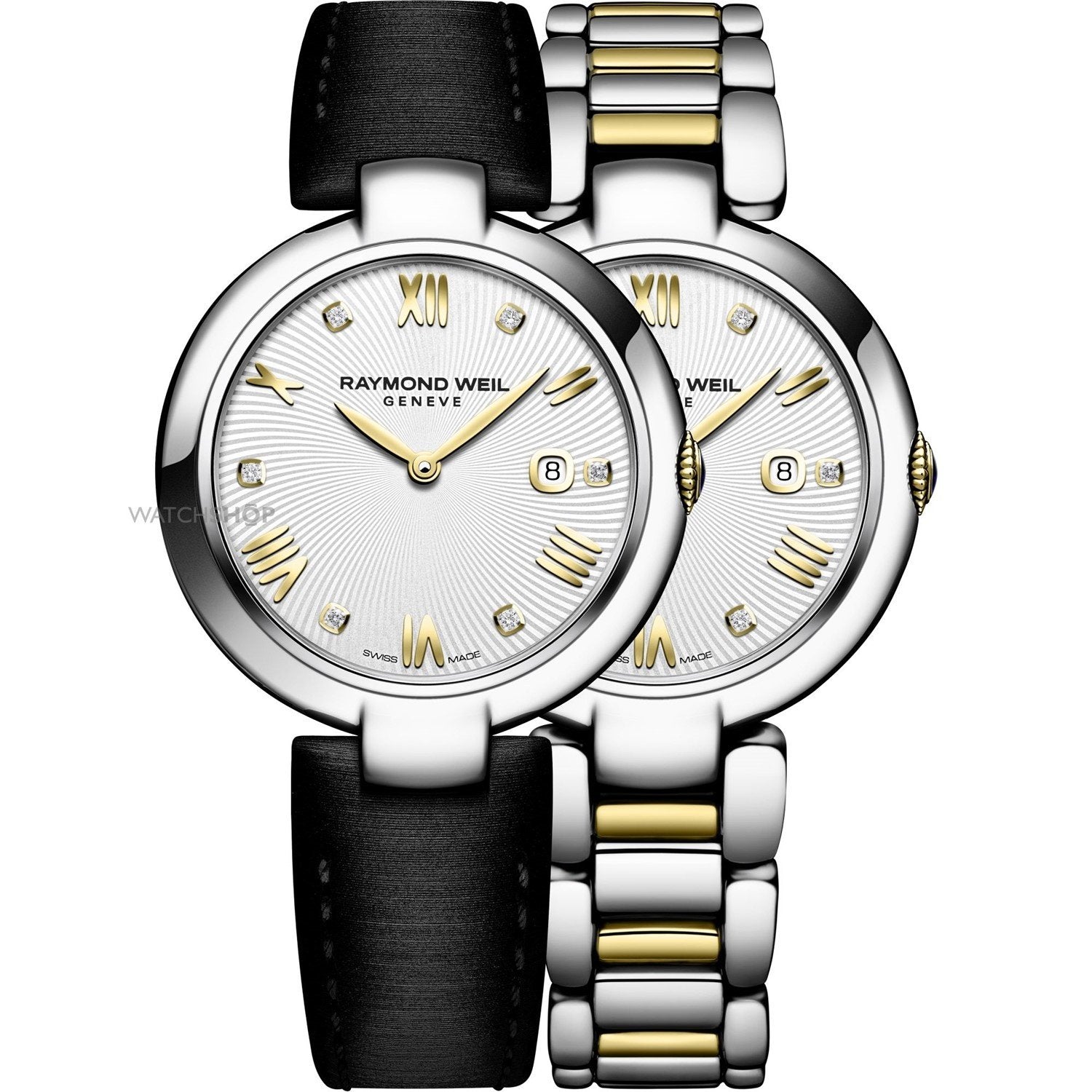 Raymond Weil Women s 1600 STP 00618 Shine Diamond Interchangeable Black Satin Strap Two Tone Stainless Steel Watch