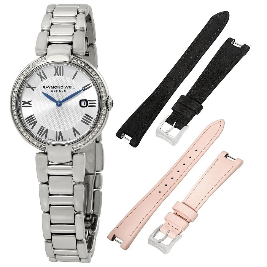 Raymond Weil Women&#39;s 1600-STS-RE659 Shine Extra Black and Pink Leather Strap Diamond Stainless Steel Watch