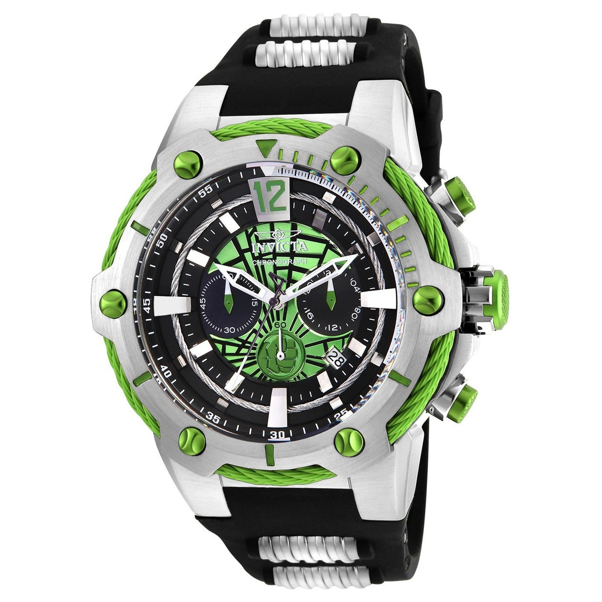 Invicta Men&#39;s 25985 Marvel Hulk Black and Silver Polyurethane and Stainless Steel Watch